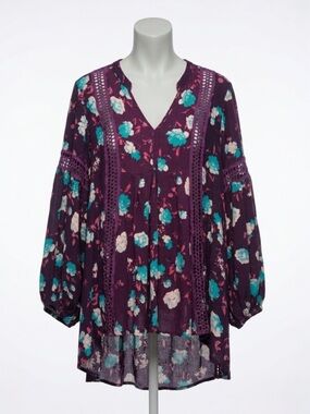 Indigo Thread Co Purple Floral Lace Trim Boho Peasant Tunic Blouse Top Size XL